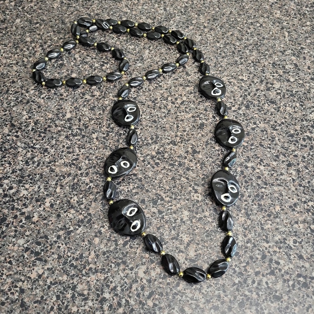 Vintage Zulu Mardi Gras Beads Black Mask Face Necklace New Orleans Carnival